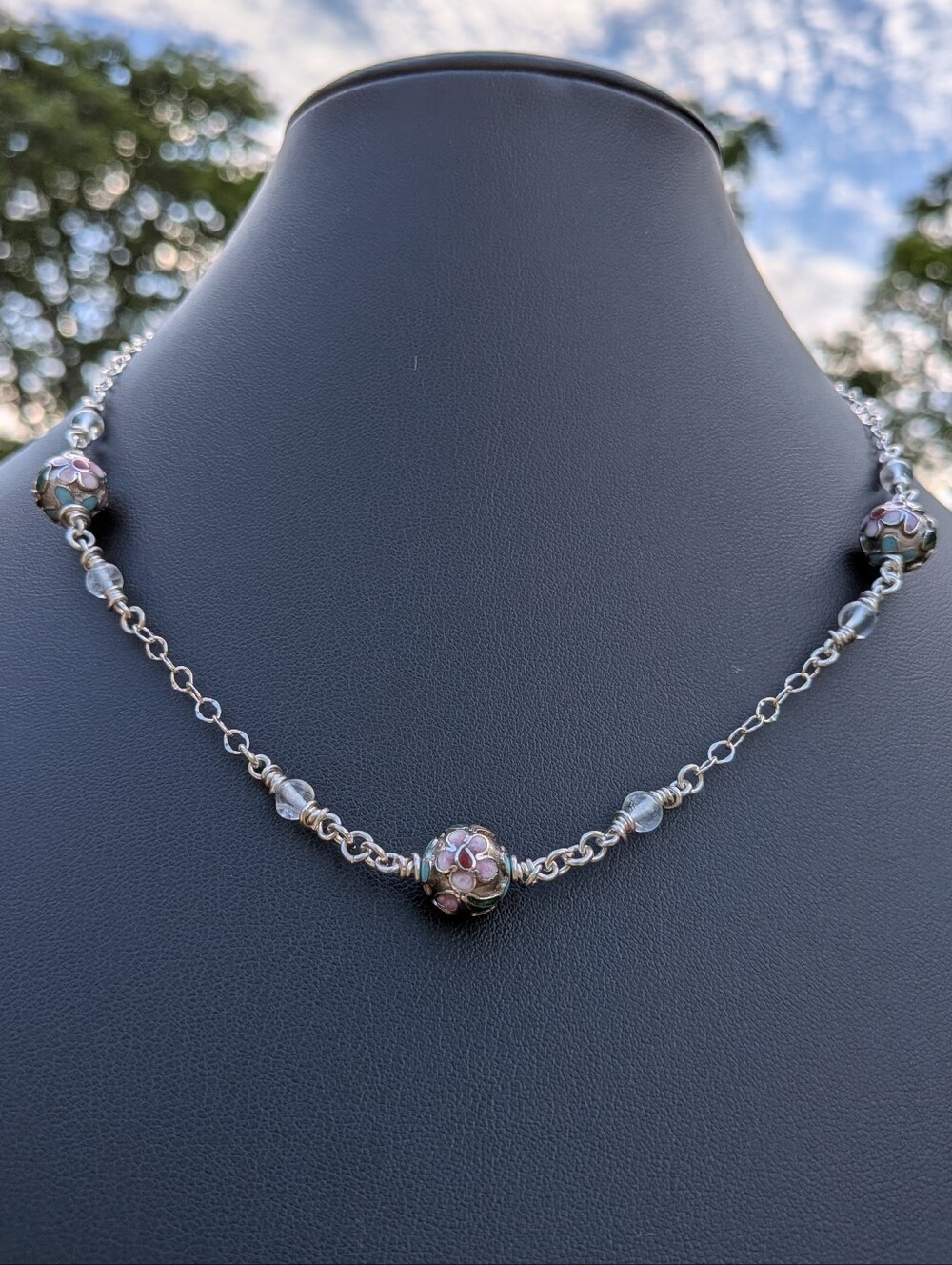 Sterling Silver Flower Necklace - Vintage Cloisonne Beads - Topaz Gems - Picture 13 of 14